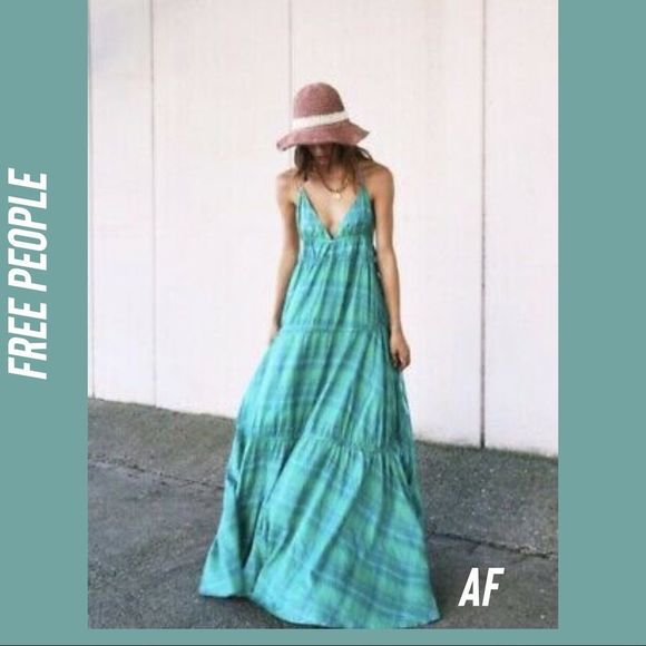FREE PEOPLE TATTERSALL GREEN SEA BLUE SILK MAXI DRESS NWT NEW MEDIUM - Picture 3 of 14